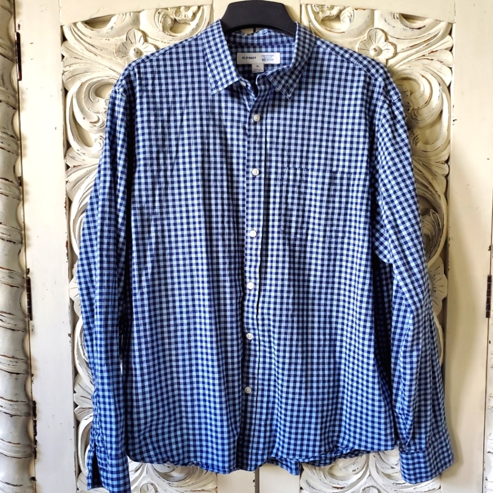 Blue check button down collared shirt